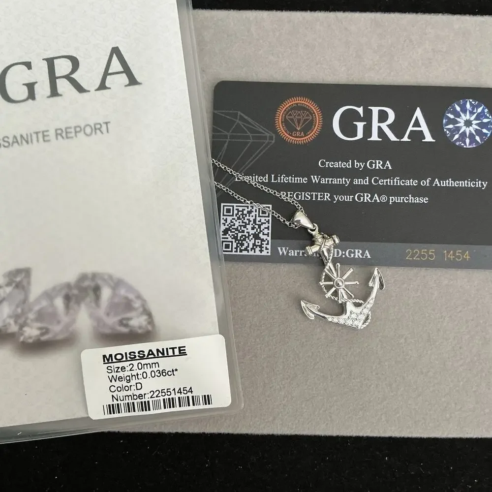 Beautiful Genuine Moissanite Anchor Pendant Necklace Solid 925 Sterling Silver